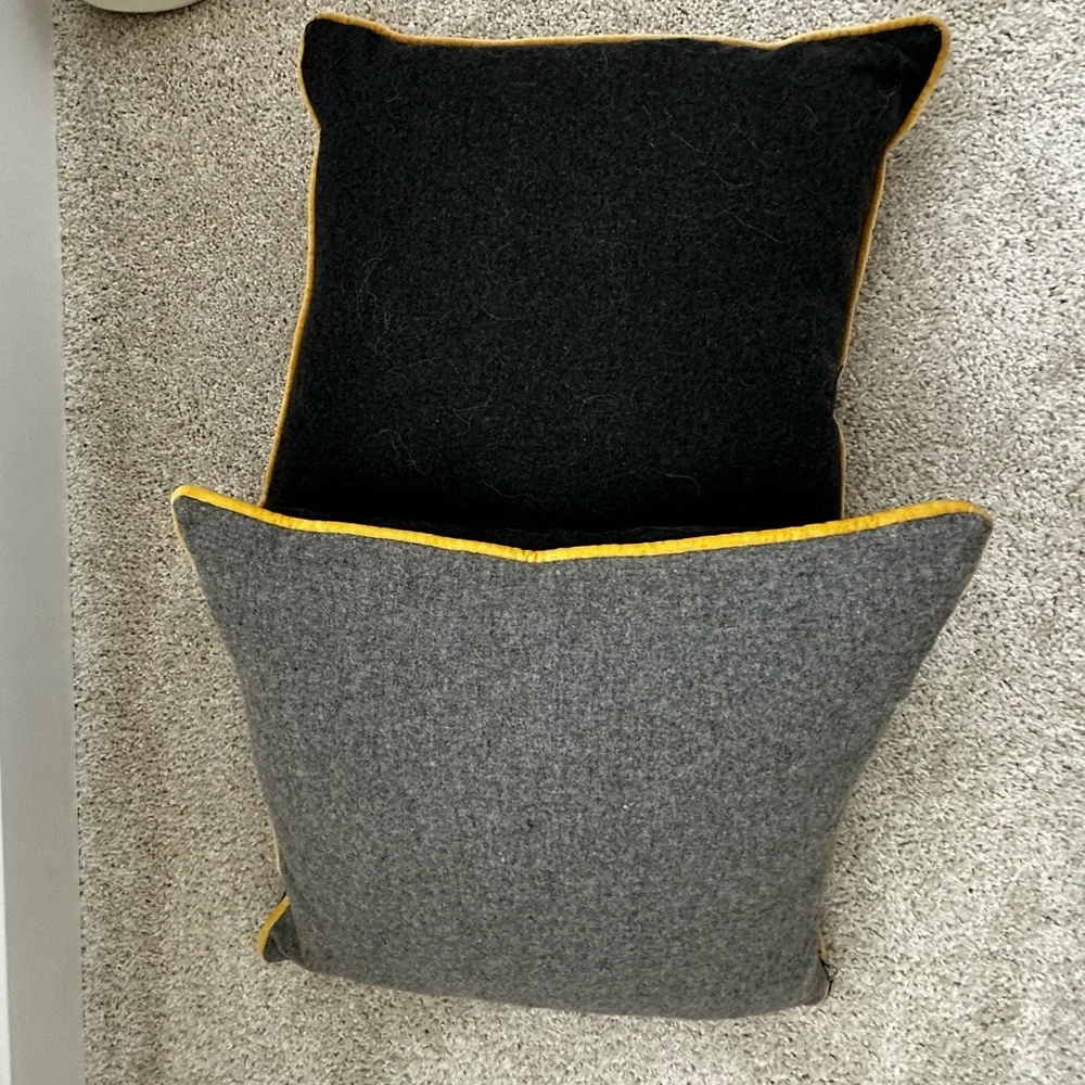 West Elm Wool 2 sided Gray and Black Accent Pillows with Yellow Piping. $59 both
